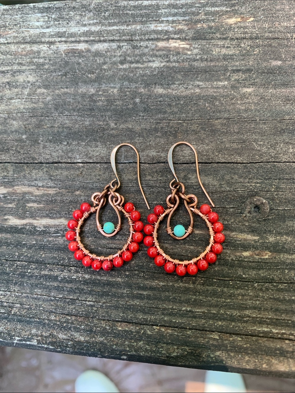 Red Beaded Copper Teardrop Earrings with Turquoise Bead Accent